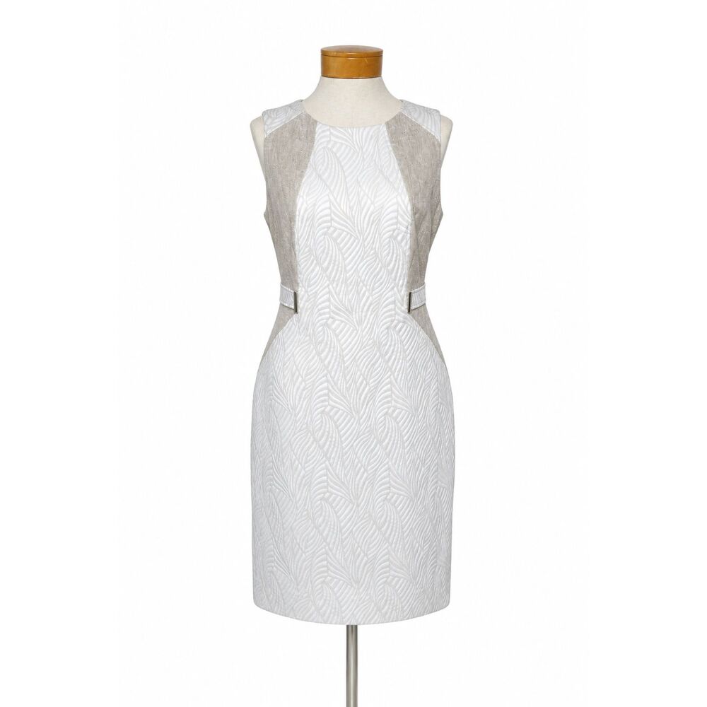 Calvin Klein Jacquard Sheath Dress Women 12 Tan Ivory Textured Sleeveless Career